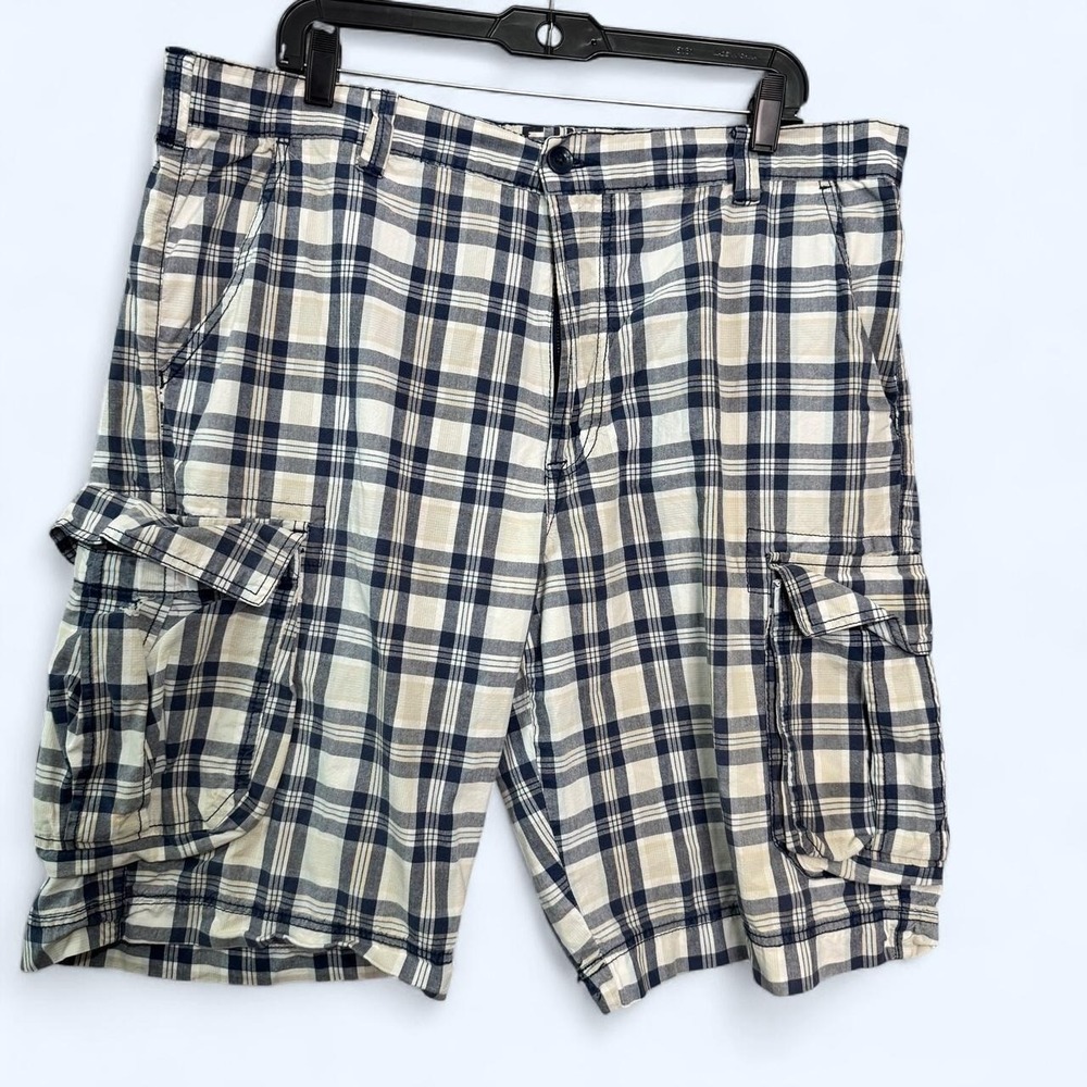 Calvin Klein Jeans Plaid Cargo Shorts Mens Size 36 Blue Beige Utility Casual Dad